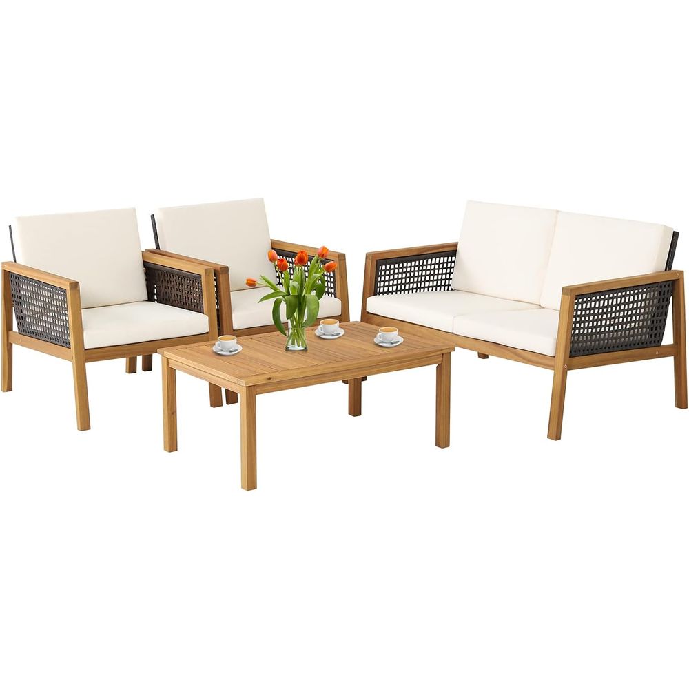 Outdoor Furniture Wooden - 4-Piece Outdoor Wicker Furniture Set with