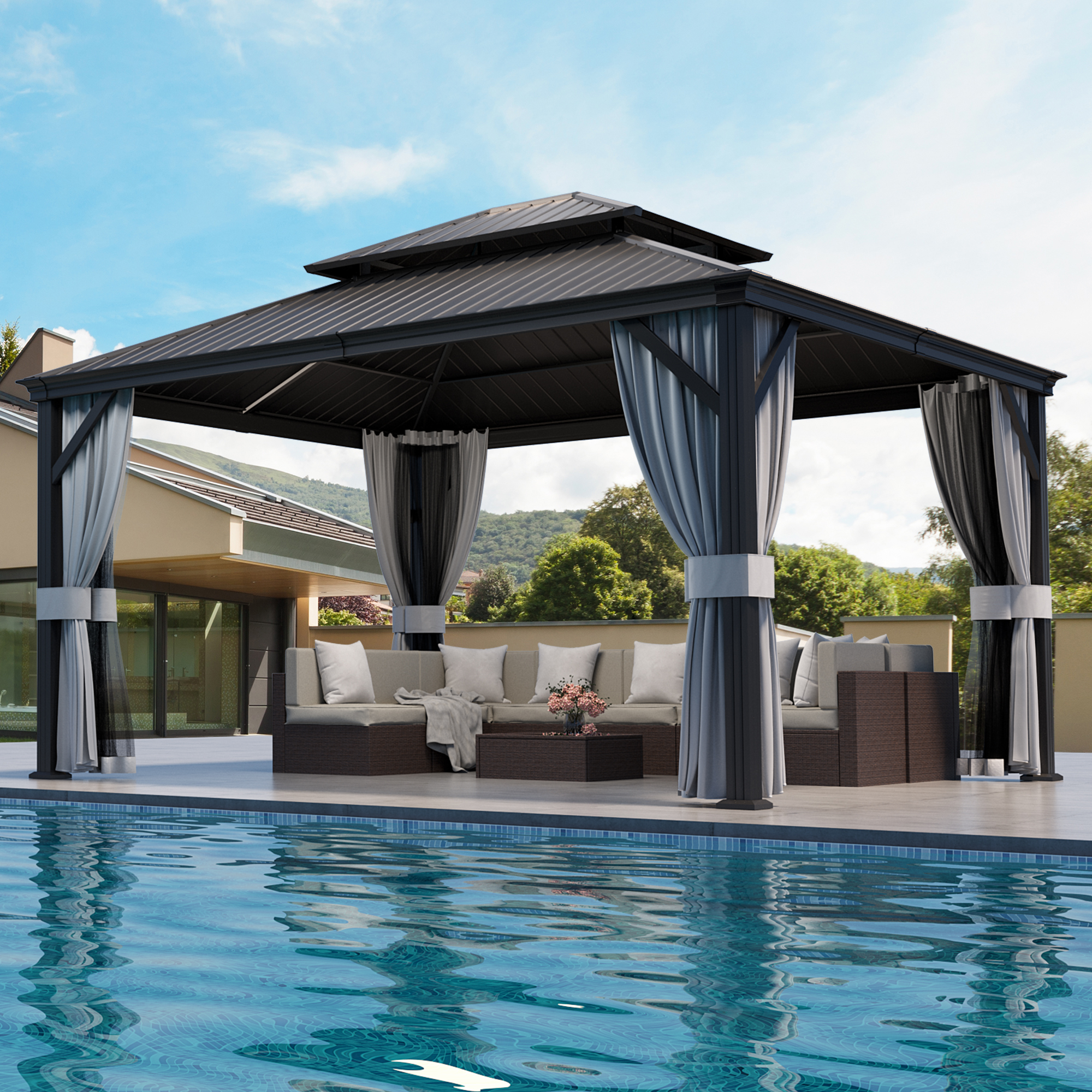 Outdoor Furniture Gazebo - 12'x14' Hardtop Gazebo Aluminum, Double Roof