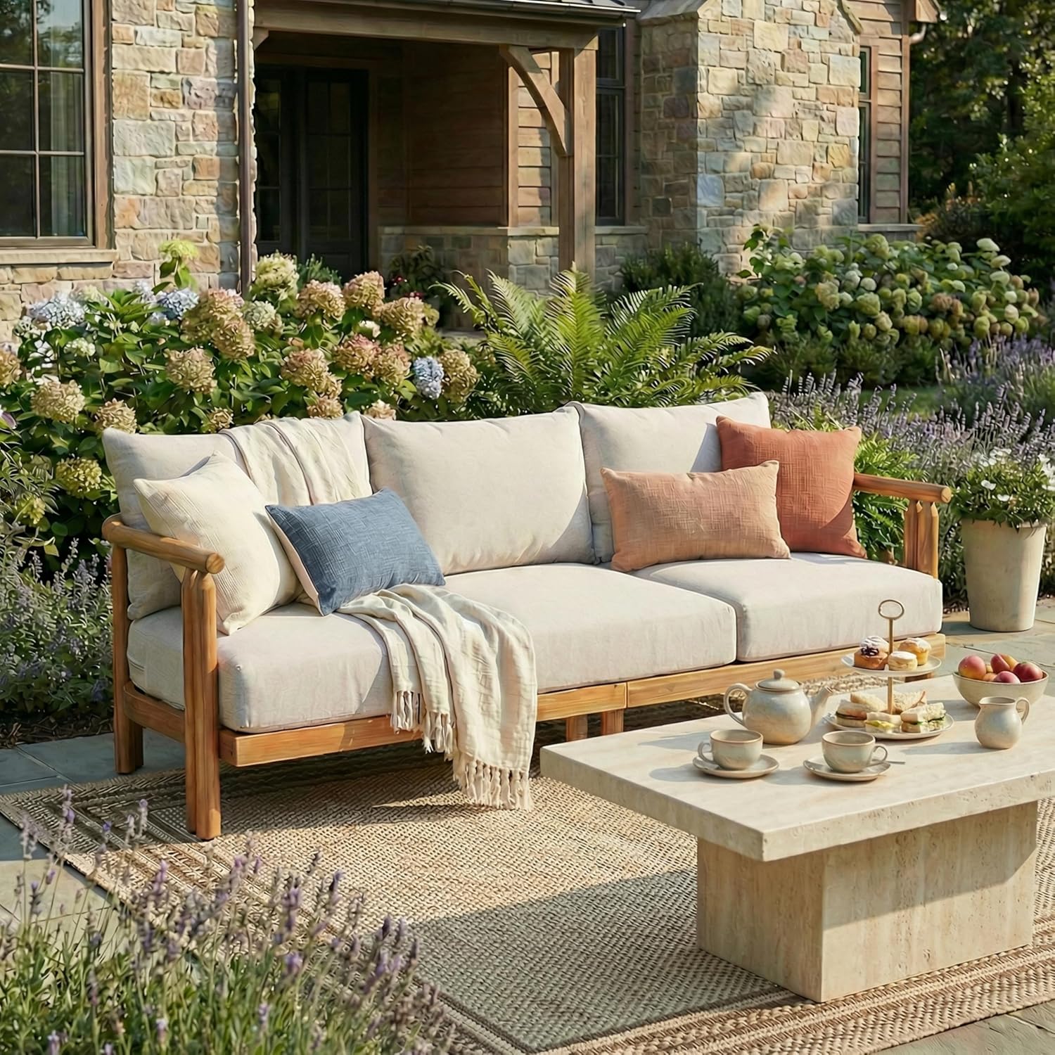 Outdoor Furniture Teak - Acacia Wood 3-Seater Outdoor Sofa Curved